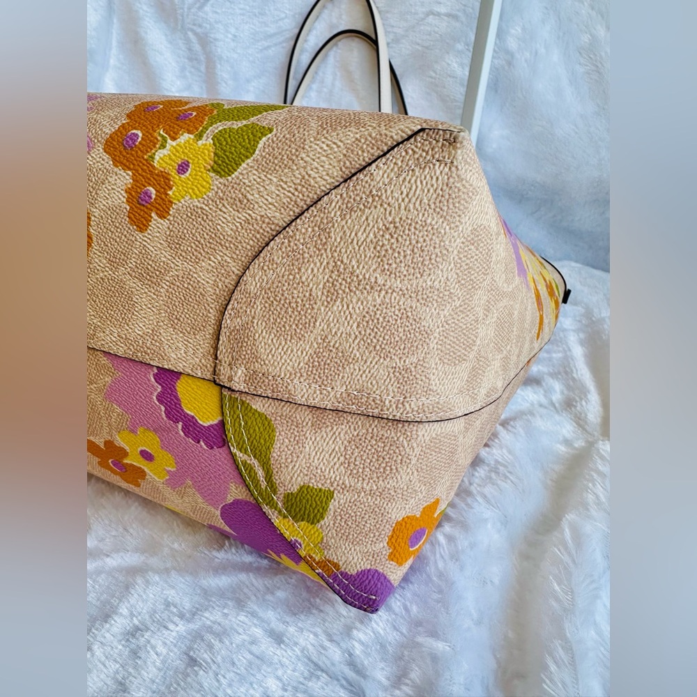 Coach Beige Floral Canvas Tote with Purple and Yellow Flowers - Picture 5 of 10
